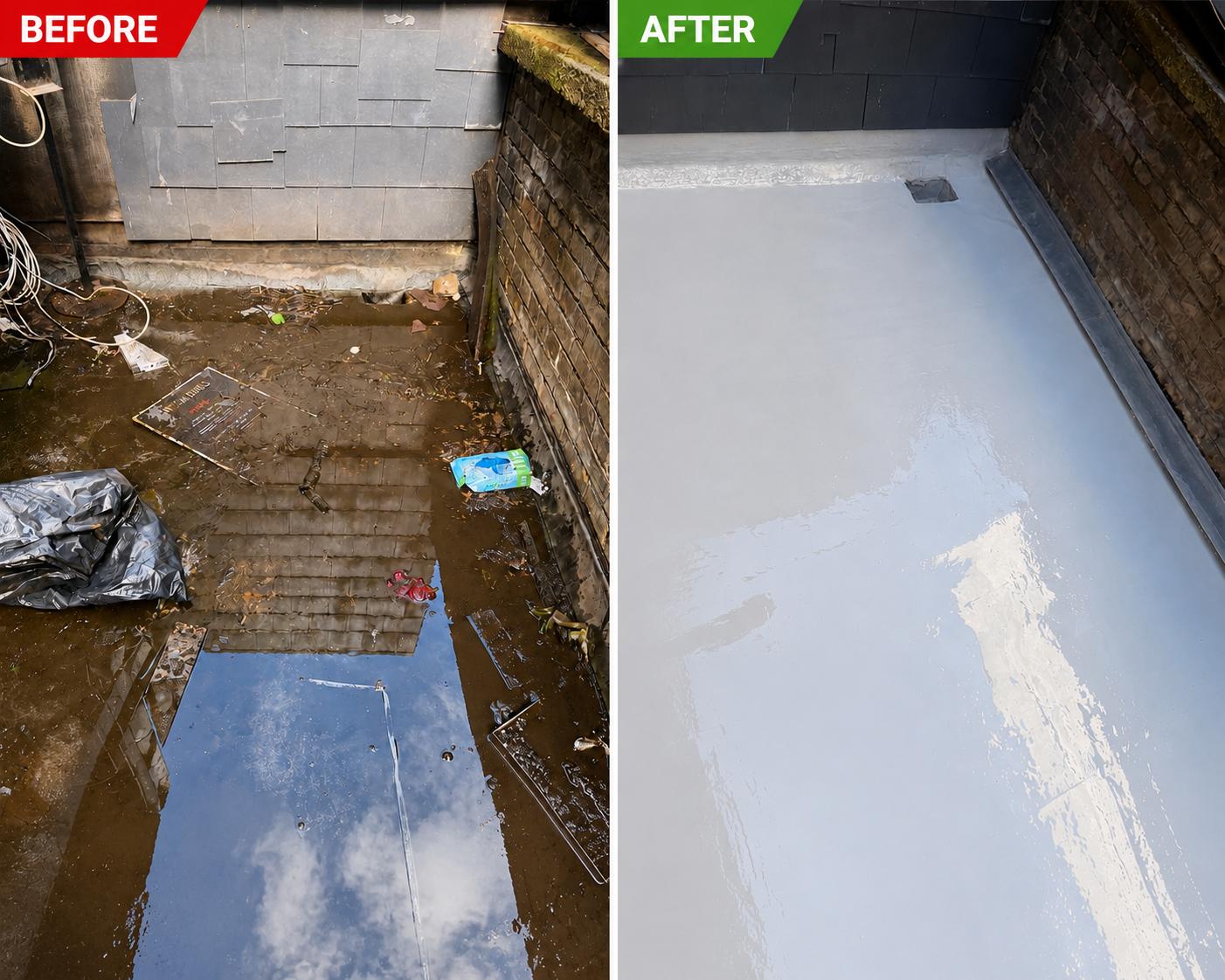 Flat Roof Waterproofing before and after waterproofing in Dublin