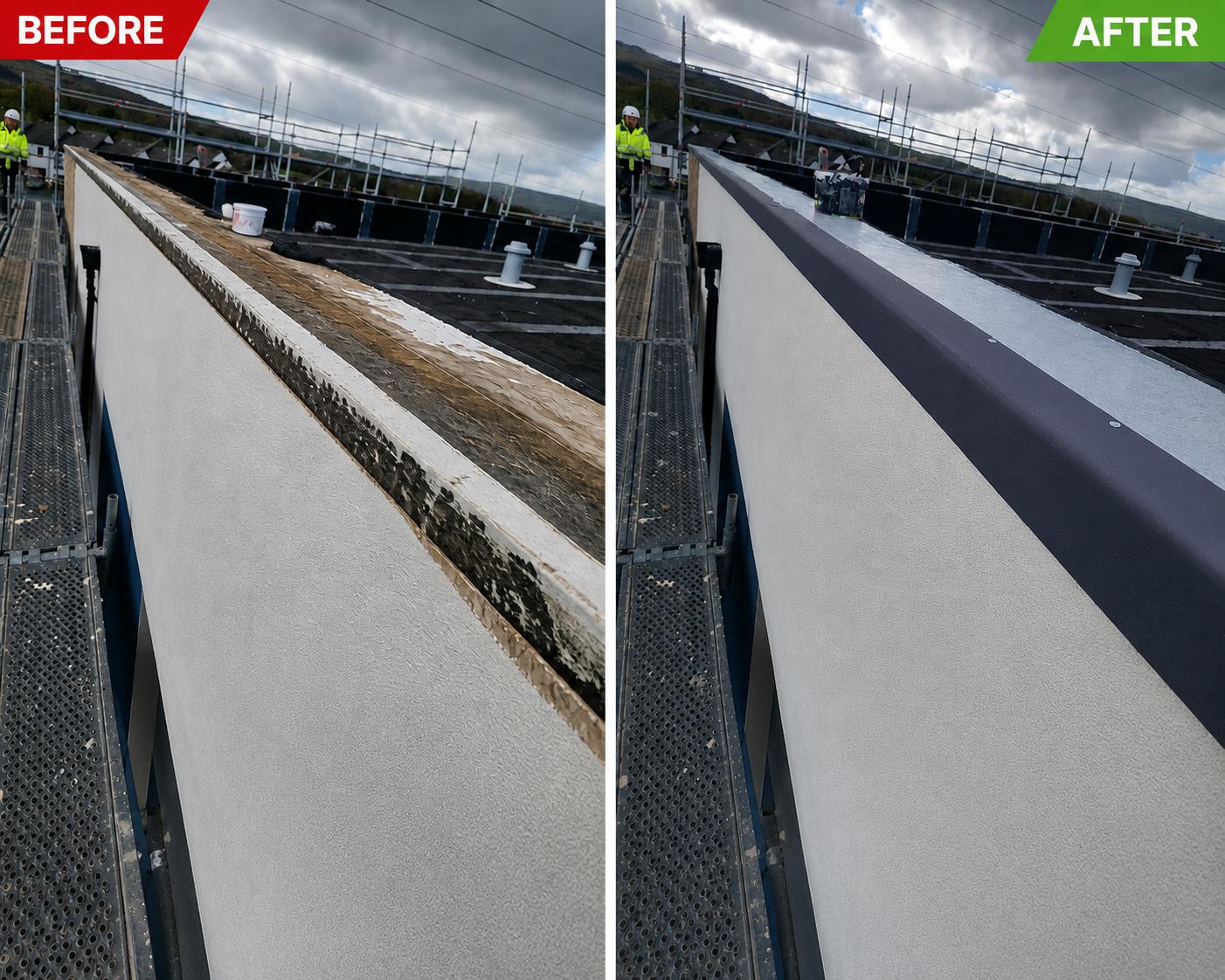 Roof Edge Waterproofing before and after waterproofing in West Dublin